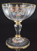 Lobmeyr 19thC wine glass of lobed form with figural enamelled decoration of a young woman with fan