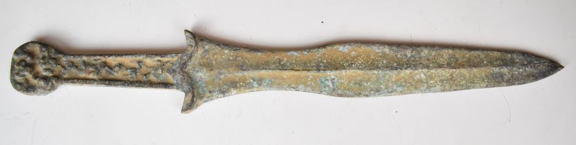 Ancient Bronze Age or similar dagger with embossed decoration to the handle, 37.5cm long. PLEASE