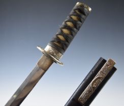 Japanese Meiji period Wakizashi Samurai sword with eagle decoration to the white metal tsuba,