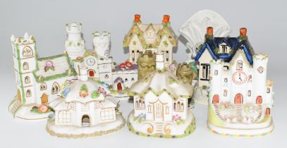 19thC pastille burners, Coalport Cottages and a figural spill vase, tallest 14cm