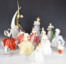 Thirteen porcelain figures including Royal Doulton, Galos, Coalport, Lladro and John Beswick,