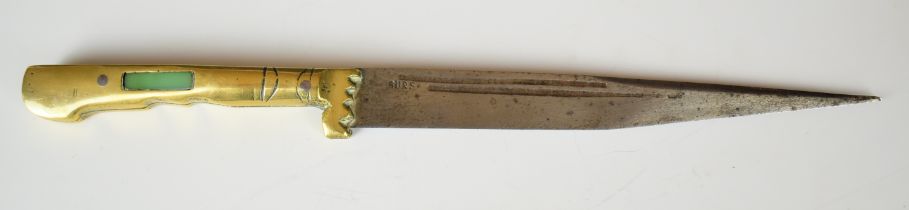 19thC jade or similar inset brass handled Indian / Eastern knife with shaped finger grip and 15cm