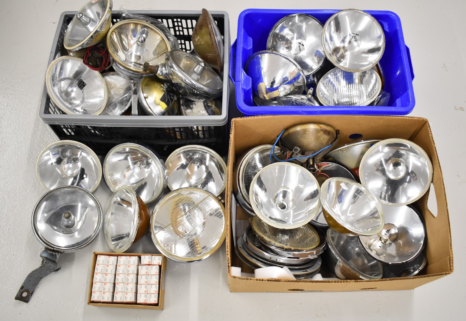 Large collection of Lucas, Hella, Bosch, Lumax and Butlers classic car and similar headlamp, spot