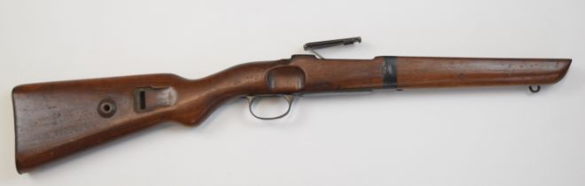 Mauser K98 rifle stock with trigger guard, magazine plate and sling mounts, 74cm long.