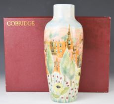 Cobridge limited edition 73/100 stoneware vase decorated with a continental village scene with