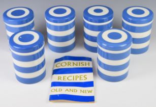 Six T G Green Cornishware storage jars / containers and a recipe book, height 14.5cm