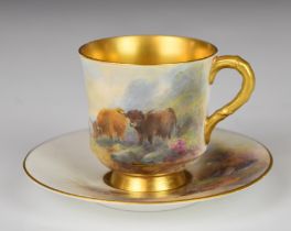 Royal Worcester cup and saucer with Highland cattle decoration, signed Harry Stinton, height 5.5cm