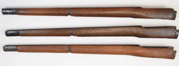 Three Enfield No.4 Mk 1 .303 service rifle forend stocks, each 72cm long.