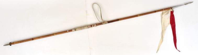 British Army Cavalry lance with bamboo shaft, metal spear point head and red and white pennon,
