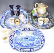 19thC ceramics and glass carafes, Staffordshire figure, covered blue and white jug, named