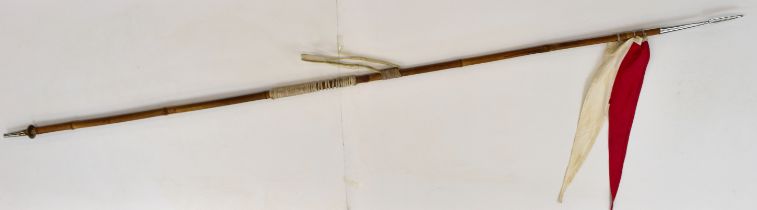 British Army Cavalry lance with bamboo shaft, metal spear point head and toe, ink stamped WD and