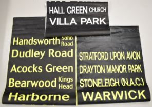 Three bus destination blinds including Warwick, Solihull, Stratford Upon Avon, Villa Park, Drayton