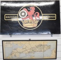 British Railways lion and wheel transfer on board, 51 x 89cm, together with a framed Southern