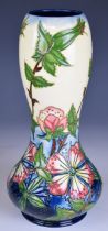 Moorcroft pottery pedestal gourd shaped vase by Rachel Bishop with pink flower decoration, 1997,