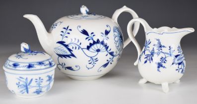 Meissen blue and white porcelain teapot, cream jug and covered sucrier, tallest 20cm