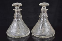 Pair of 19th century ship's decanters of conical form, the bodies formed in the manner of Fresnel