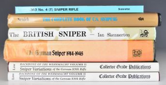 Six sniper rifle related books comprising two Sniper Variations of the German K98k Rifle Backbone of