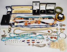 A collection of jewellery including vintage earrings, Boucheron box, two silver necklaces, three