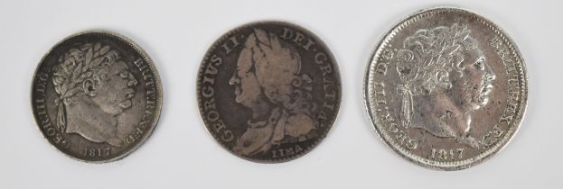 1746 George II Lima sixpence together with an 1817 George III 'bullhead' example and an 1817
