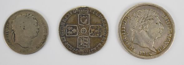 1757 George II sixpence together with an 1818 George III example and an 1816 shilling