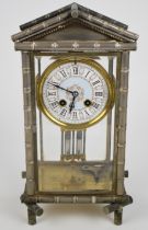 Japy Frères French four glass mantel clock, the silver plated faux bamboo case with bevelled glass