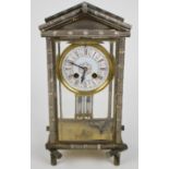 Japy Frères French four glass mantel clock, the silver plated faux bamboo case with bevelled glass
