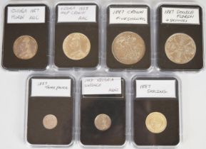 A collection of silver 1887 Queen Victoria Jubilee coinage comprising a crown, double florin, half