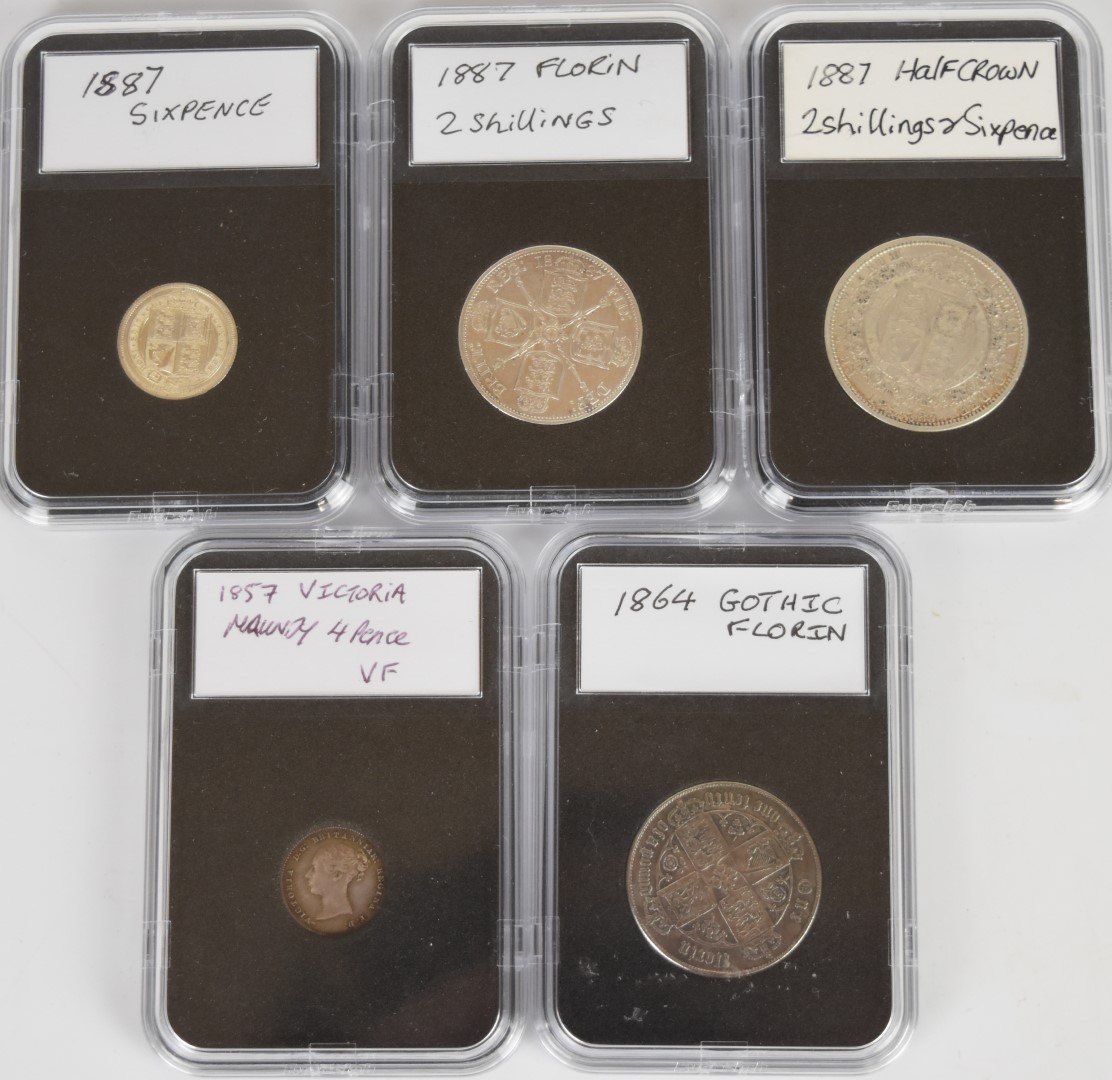 Five silver Victorian coins comprising 1887 half crown, florin and sixpence, 1864 Gothic florin