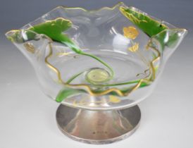 Victorian Art Nouveau hallmarked silver footed green, clear and gilt glass pedestal bowl, Birmingham