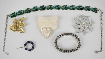 Coro necklace, Empire bracelet, Sarah Coventry brooch, mother of pearl brooch and two others