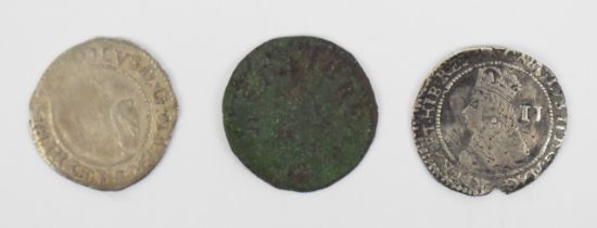 Charles II 1660-62 half groat together with Charles I penny and a Maltravers copper farthing