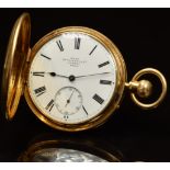 Dent 18ct gold keyless winding full hunter pocket watch with subsidiary seconds dial, blued hands,