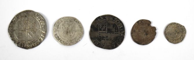 Elizabeth I five hammered coins comprising 1573 sixpence, a groat, half groat, 1567 three pence