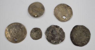 Six coins comprising James I 1603-25 half groat together with a Charles I example 1625-29 and