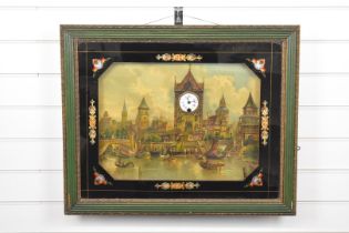 Black Forest musical picture clock with printed scene of a town, white enamel dial to the clock