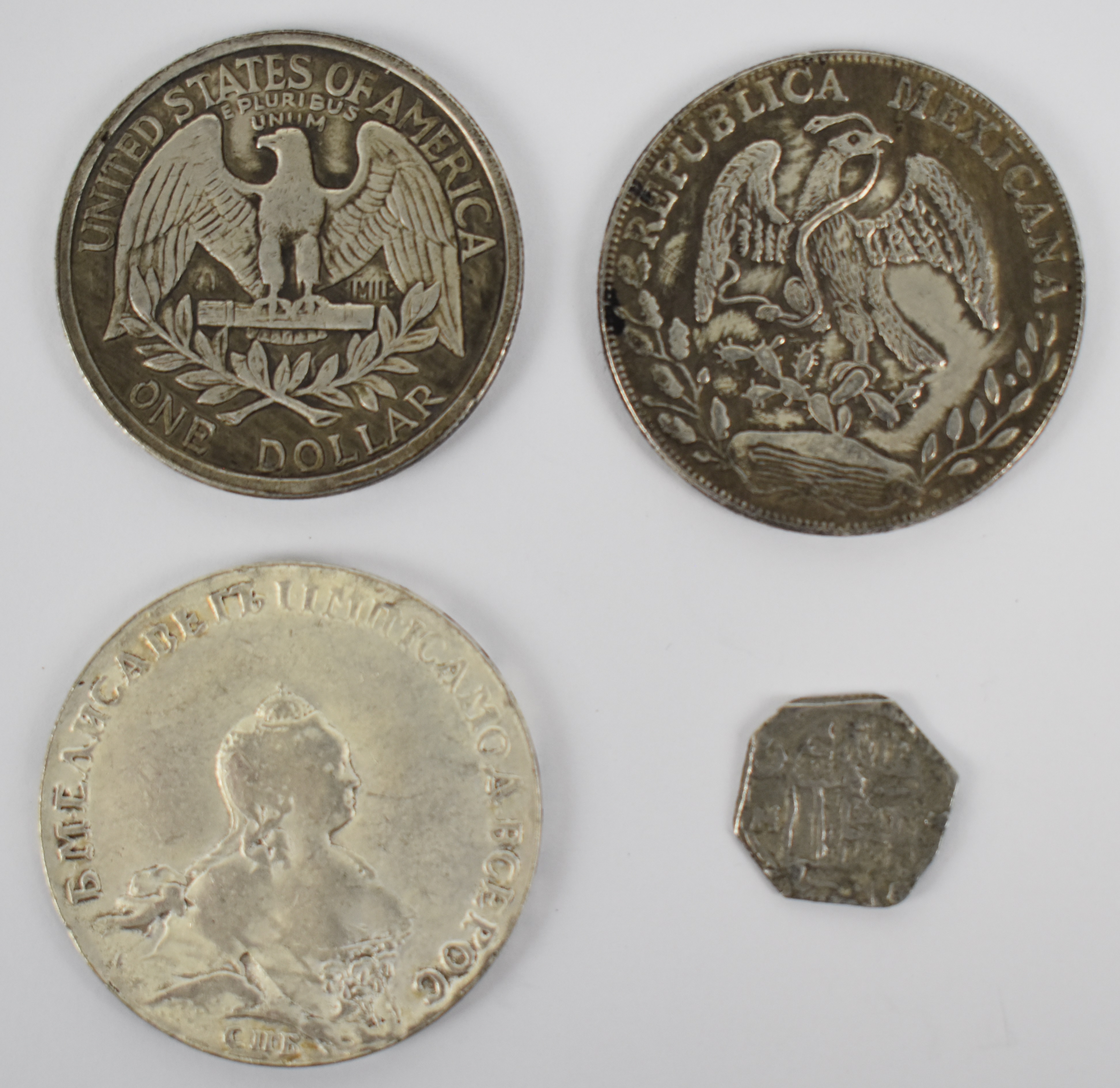 Four replica coins comprising USA Washington $1, Russian rouble, Mexican 8 reales and a Spanish - Image 2 of 2
