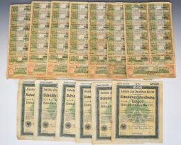 Six 1922 German government bond certificates with seven sheets of repayment tokens