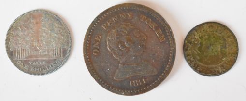 Cheltenham 1811 shilling token, 1811 Bristol penny token and a 1662 Bristol farthing