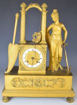 19thC gilt metal figural mantel clock with Cupid hanging beneath a bower, the two train movement