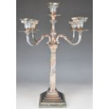 19th or early 20th century silver plated five branch candelabra, of Corinthian column form, height