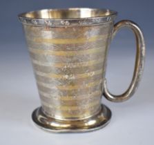 Art Deco Walker & Hall hallmarked silver mug of tapering form with engine turned decoration,