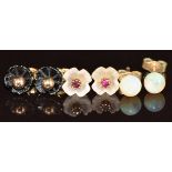 Three pairs of 9ct gold earrings set with opals, rubies and quartz and onyx, 2g