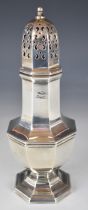 George V hallmarked silver sugar caster of baluster octagonal form, Sheffield, likely 1925 but