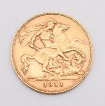 1911 George V gold half sovereign with Perth Mint mark