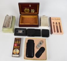 Cigar related ephemera including small travelling humidor, length 22cm x depth 14cm x height 7cm,