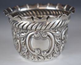 Victorian hallmarked silver bowl with embossed floral decoration and crimped edge, London 1896,