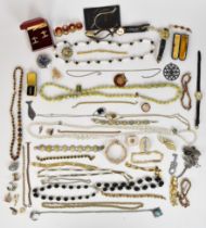 A collection of jewellery including silver and marcasite brooch, cameo brooch, beads and watches