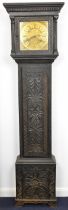 John Gibertson, Ripon brass dial 30 hour longcase clock with carved oak case, width of dial 28cm,