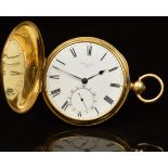 John Walker 18ct gold full hunter pocket watch with subsidiary seconds dial, blued hands, black