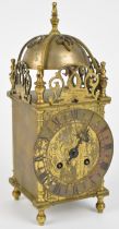 Brass cased lantern clock with French Japy Frères movement, height 26cm